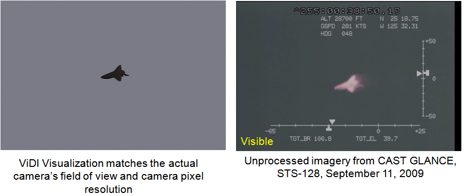 Left: computer generated prediction of the camera view developed prior to the flight. Right: the corresponding camera view obtained during the mission.