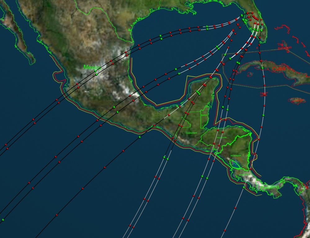 Several planned trajectories over a map of North and Central America