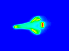 Thermal image of the Discovery shuttle, showing heating on the nose, small sections of the wings, and the tail.