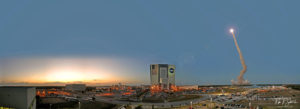 Panorama of Kennedy Space Center with STS-119 launch
