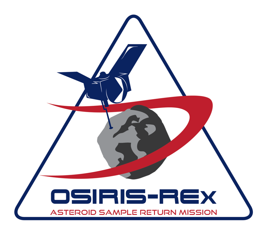 The mission patch design for OSIRIS-REx. It's triangular, featuring a capsule with a blunt nose cone and solar panels flying around an asteroid. It includes the text "OSIRIS-REx, Asteroid Sample Return Missio."