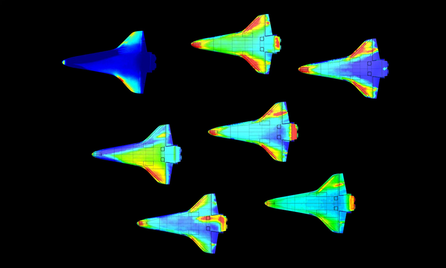 Seven thermal maps of the space shuttle, many showing points of high heat on the port wing.