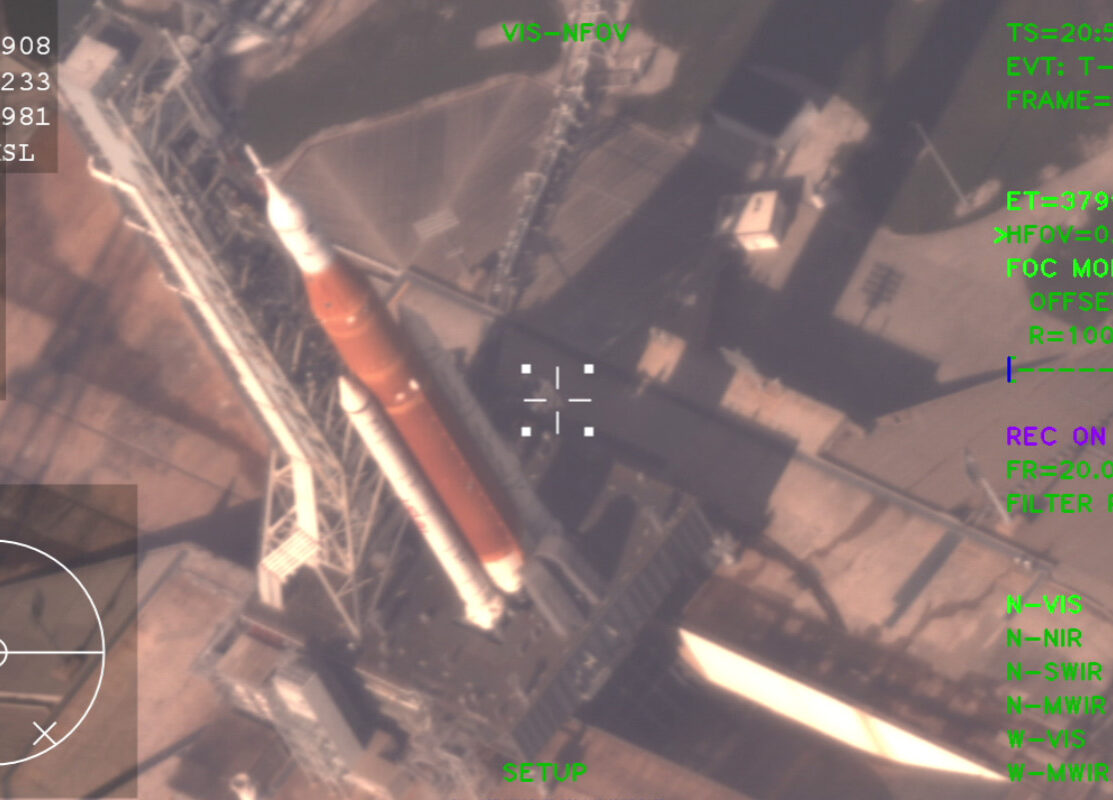 An overhead of the Artemis I rocket on its launchpad